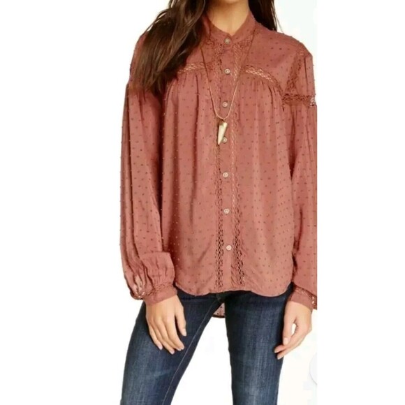 Free People Everyday Girl swiss dot longsleeves button down blouse M boho - Picture 1 of 8